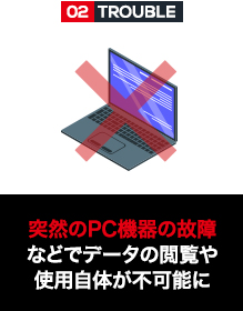 突然のPC機器の故障などでデータの閲覧や使用自体が不可能に