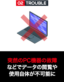 突然のPC機器の故障などでデータの閲覧や使用自体が不可能に